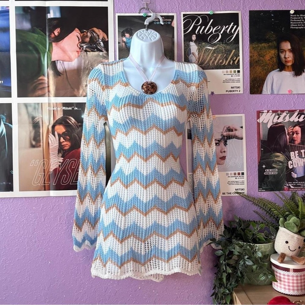 Blue & White Crochet Open Back Mini Dress